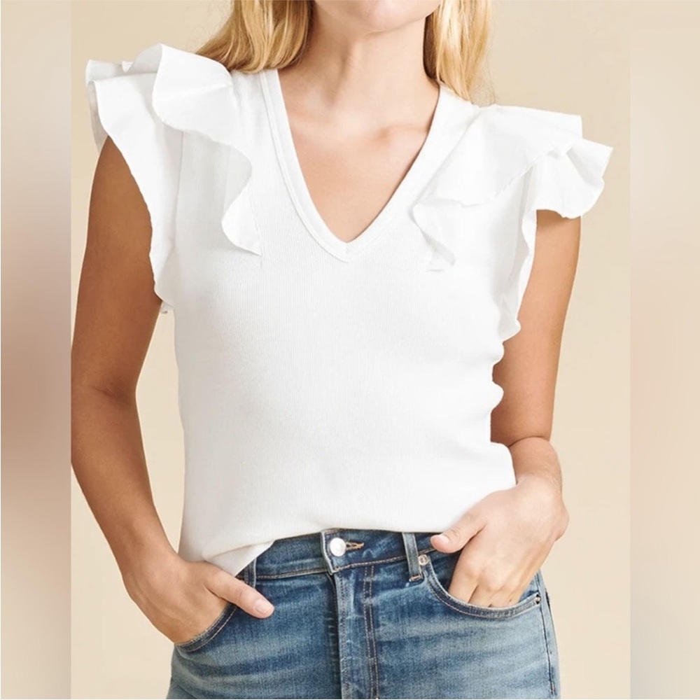 Veronica Beard White Ribbed Cathie Ruffled Top